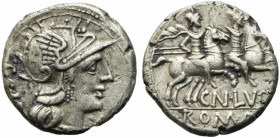 Cn. Lucretius Trio, Rome, 136 BC. AR Denarius (18mm, 3.76g). Helmeted head of Roma r. R/ Dioscuri on horseback riding r. Crawford 237/1a; RBW 978; RSC...