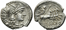 L. Antestius Gragulus, Rome, 136 BC. AR Denarius (20mm, 3.83g). Helmeted head of Roma r. R/ Jupiter driving quadriga r., holding reins and sceptre and...