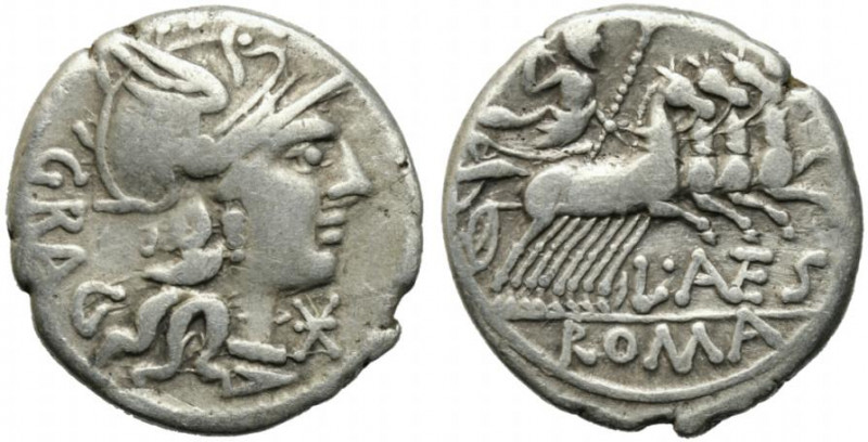 L. Antestius Gragulus, Rome, 136 BC. AR Denarius (17.5mm, 3.73g). Helmeted head ...