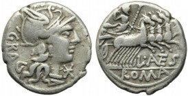 L. Antestius Gragulus, Rome, 136 BC. AR Denarius (17.5mm, 3.73g). Helmeted head of Roma r. R/ Jupiter driving quadriga r., holding reins and sceptre a...