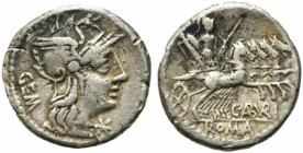 C. Aburius Geminus, Rome, 134 BC. AR Denarius (18mm, 3.83g). Helmeted head of Roma r. R/ Mars driving galloping quadriga r., holding trophy, shield, r...