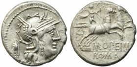 L. Opimius, Rome, 131 BC. AR Denarius (18mm, 3.80g). Helmeted head of Roma r.; wreath behind. R/ Victory driving galloping quadriga r., holding reins ...