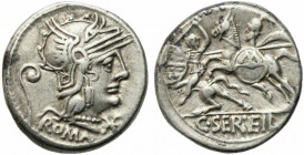 C. Servilius Vatia, Rome, 127 BC. AR Denarius (18mm, 3.90g). Helmeted head of Roma r., star on neckpiece of helmet; lituus to l. R/ Horseman (M. Servi...