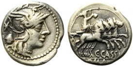 C. Cassius, Rome, 126 BC. AR Denarius (18mm, 3.88g). Helmeted head of Roma r.; voting urn behind. R/ Libertas driving galloping quadriga r., holding r...