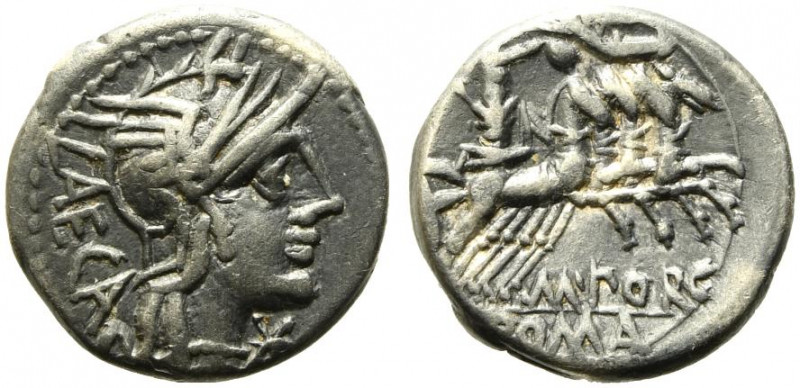 M. Porcius Laeca, Rome, 125 BC. AR Denarius (17mm, 3.86). Helmeted head of Roma ...