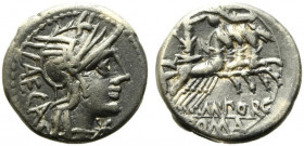M. Porcius Laeca, Rome, 125 BC. AR Denarius (17mm, 3.86). Helmeted head of Roma r. R/ Libertas driving quadriga r., holding reins and vindicta; above,...