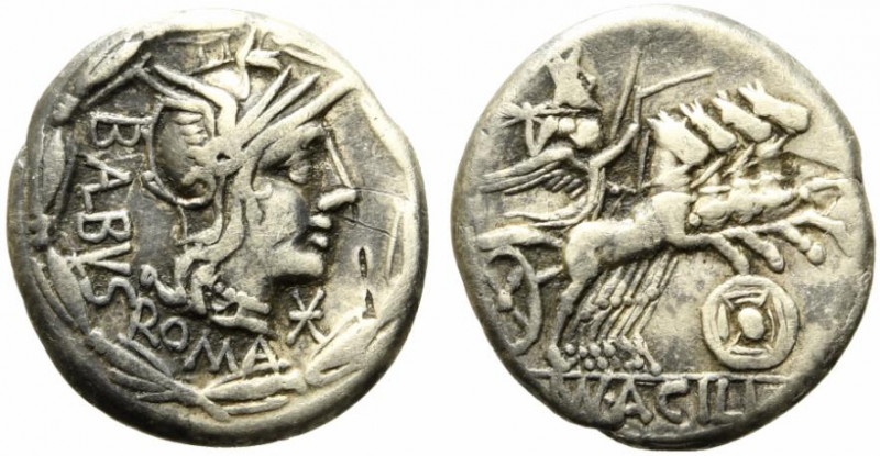 Man. Acilius Balbus, Rome, 125 BC. AR Denarius (19mm, 3.75g). Helmeted head of R...