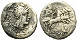Man. Acilius Balbus, Rome, 125 BC. AR Denarius (19mm, 3.75g). Helmeted head of Roma r.; all within laurel wreath. R/ Jupiter, holding thunderbolt and ...