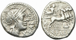 Q. Fabius Labeo, Rome, 124 BC. AR Denarius (17mm, 3.87g). Helmeted head of Roma r. R/ Jupiter driving galloping quadriga r., hurling thunderbolt, hold...