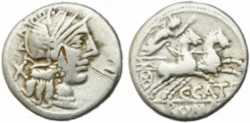 C. Porcius Cato, Rome, 123 BC. AR Denarius (17mm, 3.84g). Helmeted head of Roma r. R/ Victory driving galloping biga r., holding reins and whip. Crawf...
