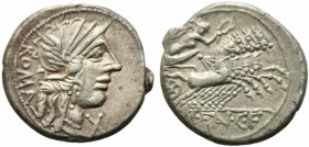 M. Fannius C.f. Rome, 123 BC, AR Denarius (20mm, 3.89g). Helmeted head of Roma r. R/ Victory driving galloping quadriga r., holding reins and wreath. ...