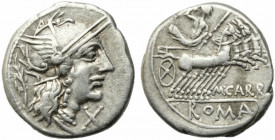 M. Papirius Carbo, Rome, 122 BC. AR Denarius (17mm, 3.87g). Helmeted head of Roma r.; behind, branch. R/ Jupiter in prancing quadriga r., hurling thun...