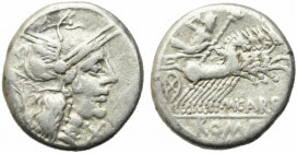 M. Papirius Carbo, Rome, 122 BC. AR Denarius (16mm, 3.86g). Helmeted head of Roma r.; behind, branch. R/ Jupiter in prancing quadriga r., hurling thun...