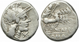 M. Papirius Carbo, Rome, 122 BC. AR Denarius (16mm, 3.90g). Helmeted head of Roma r.; behind, branch. R/ Jupiter in prancing quadriga r., hurling thun...
