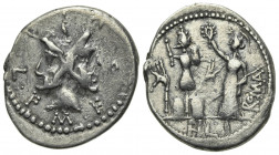 M. Furius L.f. Philus, Rome, 120 BC. AR Denarius (21mm, 3.89g, 6h). Laureate head of Janus. R/ Roma standing l., holding spear and crowning trophy of ...