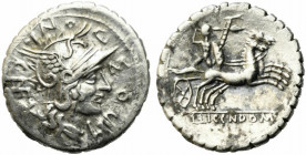 L. Pomponius Cn.f., Rome, 118 BC. AR Serrate Denarius (20mm, 3.23g). Helmeted head of Roma r. R/ Bituitus in biga r. Crawford 282/4; RBW 1109; RSC Pom...