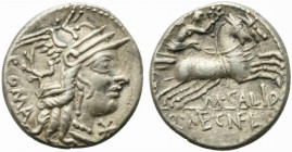 M. Calidius, Q. Metellus, and Cn. Fulvius, Rome, 117-116 BC. AR Denarius (19mm, 3.88g). Helmeted head of Roma r. R/ Victory driving biga r., holding r...