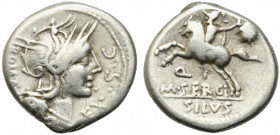 M. Sergius Silus, Rome, 116-115 BC. AR Denarius (15mm, 3.80g). Helmeted head of Roma r. R/ Soldier on horseback rearing l., holding sword and severed ...