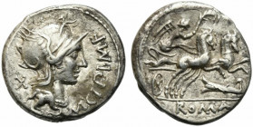 M. Cipius M.f., Rome, 115-114 BC. AR Denarius (17mm, 3.95g). Helmeted head of Roma r. R/ Victory driving galloping biga r., holding reins and palm fro...