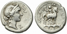 Man. Aemilius Lepidus, Rome, 114-113 BC. AR Denarius (18mm, 3.83g). Diademed and draped bust of Roma r. R/ Equestrian statue r. on pedestal with three...