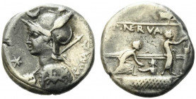 P. Nerva, Rome, 113-112 BC. AR Denarius (17mm, 3.90g). Helmeted bust of Roma l., holding shield and spear; crescent above. R/ Three citizens voting on...