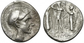 Cn. Blasio Cn.f., Rome, 112-111 BC. AR Denarius (17mm, 4.01g, 6h). Helmeted head of Mars r.; branch behind. R/ Jupiter standing facing, holding sceptr...