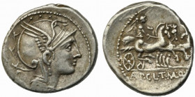 Appius Claudius Pulcher, T. Manlius Mancius and Q. Urbinius, Rome, 111-110 BC. AR Denarius (16mm, 3.94g). Helmeted head of Roma r.; quadrangular devic...