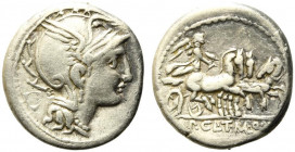 Appius Claudius Pulcher, T. Manlius Mancius and Q. Urbinius, Rome, 111-110 BC. AR Denarius (18mm, 3.87g). Helmeted head of Roma r.; quadrangular devic...