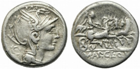 Appius Claudius Pulcher, T. Manlius Mancius and Q. Urbinius, Rome, 111-110 BC. AR Denarius (15mm, 3.88g). Helmeted head of Roma r.; quadrangular devic...