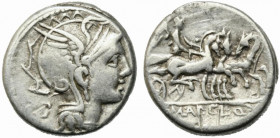 Appius Claudius Pulcher, T. Manlius Mancius and Q. Urbinius, Rome, 111-110 BC. AR Denarius (15mm, 3.97g). Helmeted head of Roma r.; quadrangular devic...