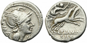 L. Flaminius Chilo, Rome, 109-108 BC. AR Denarius (19mm, 3.83g). Helmeted head of Roma r. R/ Victory driving biga r. Crawford 302/1; RBW 1144; RSC Fla...