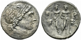 L. Memmius, Rome, 109-108 BC. AR Denarius (19mm, 3.79g). Male head r., wearing oak wreath. R/ The Dioscuri standing facing before their horses, each h...
