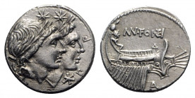 Mn. Fonteius, Rome, 108-107 BC. AR Denarius (18mm, 3.35g, 3h). Jugate, laureate heads of the Dioscuri r. R/ Galley r. with gubernator at stern; A belo...
