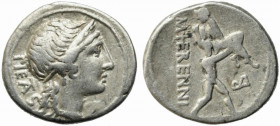 M. Herennius, Rome, 108-107 BC. AR Denarius (18mm, 3.82g). Diademed head of Pietas r. R/ Amphinomus carrying his father aloft r., who looks back; cont...