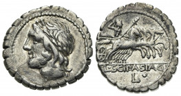 L. Scipio Asiagenus, Rome, 106 BC. AR Serrate Denarius (19mm, 3.93g, 3h). Laureate head of Jupiter l. R/ Jupiter, hurling thunderbolt and holding rein...