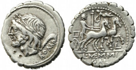 L. Memmius Galeria, Rome, 106 BC. AR Serrate Denarius (18mm, 3.86g). Laureate head of Saturn l.; harpa to r. R/ Venus driving biga r., holding sceptre...
