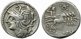 Lucius Appuleius Saturninus, Rome, 104 BC. AR Denarius (18mm, 3.80g). Helmeted head of Roma l. R/ Saturn in quadriga r.; control above. Crawford 317/3...