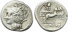 Lucius Appuleius Saturninus, Rome, 104 BC. AR Denarius (18mm, 3.80g). Helmeted head of Roma l. R/ Saturn driving quadriga r., holding harpa and reins;...