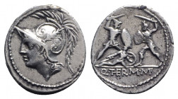 Q. Minucius Thermus M. f. Roma, 103 BC. AR Denarius (21mm, 3.87g, 12h) Helmeted bust of Mars l. R/ Two warriors in combat, one on l. protecting a fall...