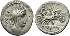 C. Fabius C.f. Hadrianus, Rome, 102 BC. AR Denarius (20mm, 3.76g). Turreted and veiled head of Cybele r. R/ Victory driving galloping biga r., holding...