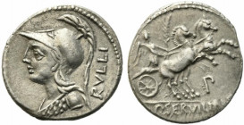 P. Servilius M.f. Rullus, Rome, 100 BC. AR Denarius (20mm, 3.93g). Helmeted bust of Minerva l., wearing aegis. R/ Victory driving galloping biga r., h...