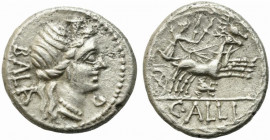 C. Allius Bala, Rome, 92 BC. AR Denarius (18mm, 3.88g). Diademed female head (Diana?) r.; letter below chin. R/ Diana driving galloping biga of stags ...