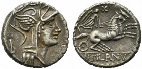 D. Silanus L.f., Rome, 91 BC. AR Denarius (16mm, 3.64g). Helmeted head of Roma r.; B behind. R/ Victory driving biga r.; control above. Crawford 337/3...