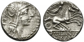D. Silanus L.f., Rome, 91 BC. AR Denarius (15mm, 3.96g, 12h). Helmeted head of Roma r.; C behind. R/ Victory driving biga r.; control above. Crawford ...