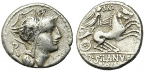 D. Silanus L.f., Rome, 91 BC. AR Denarius (16mm, 3.85g). Helmeted head of Roma r.; R behind. R/ Victory driving biga r.; XXI above. Crawford 337/3; cf...