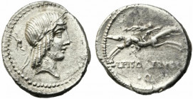 L. Calpurnius Piso Frugi, Rome, 90 BC. AR Denarius (17.5mm, 3.53g). Laureate head of Apollo r.; symbol behind. R/ Horseman galloping r., holding palm ...