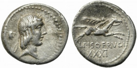 L. Calpurnius Piso Frugi, Rome, 90 BC. AR Denarius (18mm, 3.73g). Laureate head of Apollo r.; symbol behind. R/ Horseman galloping r., holding palm fr...