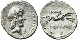 L. Calpurnius Piso Frugi, Rome, 90 BC. AR Denarius (16mm, 3.86g). Laureate head of Apollo r.; trident behind, II before. R/ Horseman galloping r., hol...