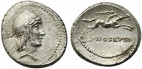 L. Calpurnius Piso Frugi, Rome, 90 BC. AR Denarius (17mm, 3.92g). Laureate head of Apollo r.; control behind. R/ Horseman galloping r., holding palm f...