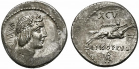 L. Calpurnius Piso Frugi, Rome, 90 BC. AR Denarius (17mm, 3.94g, 9h). Laureate head of Apollo r. R/ Horseman galloping r., holding palm branch and rei...